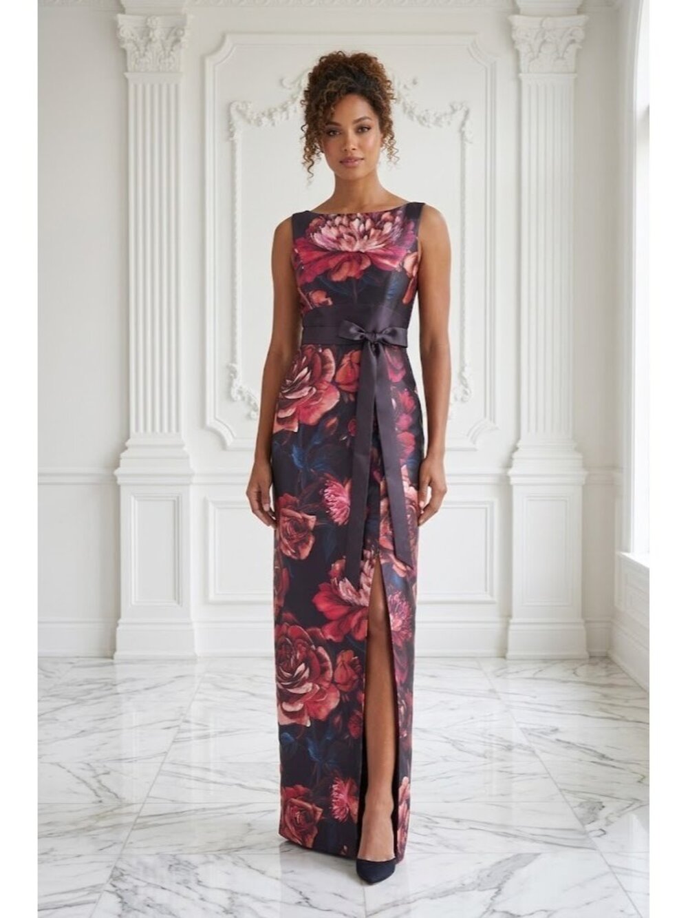 NWT Kay Unger Carina Column Gown in Oxblood Floral Printed Mikado Maxi Dress 2